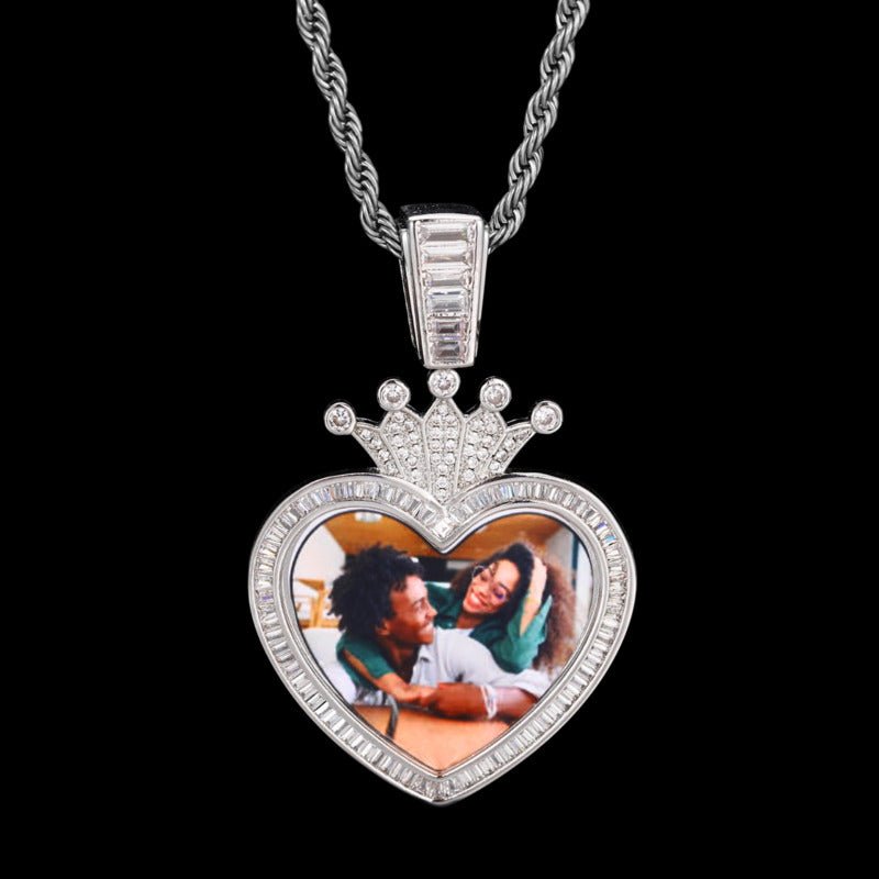 3D Solid Crown Heart Custom Photo Pendant - 36mm