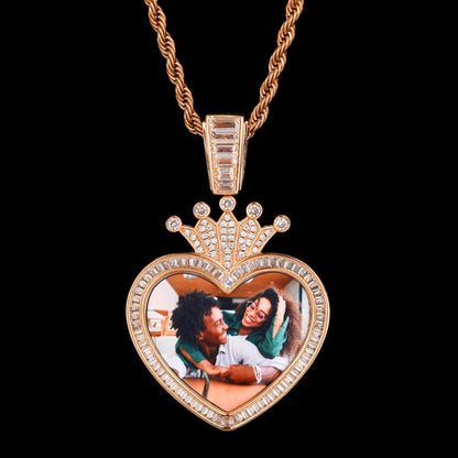 3D Solid Crown Heart Custom Photo Pendant - 36mm