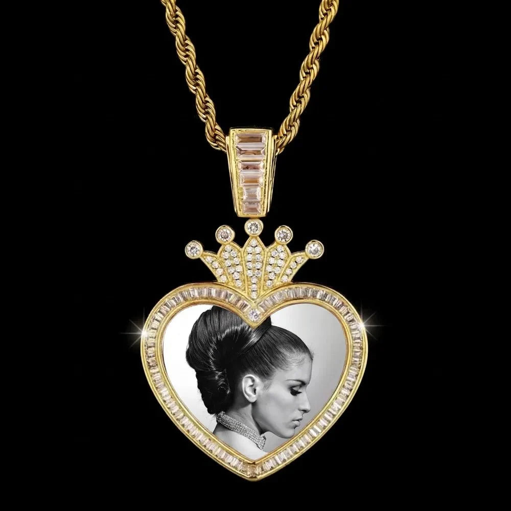 3D Solid Crown Heart Custom Photo Pendant - 36mm