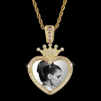 3D Solid Crown Heart Custom Photo Pendant - 36mm