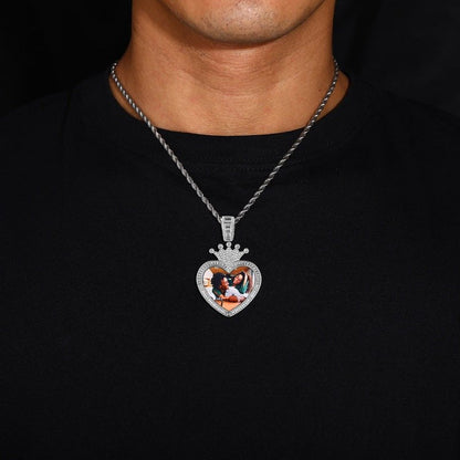 3D Solid Crown Heart Custom Photo Pendant - 36mm