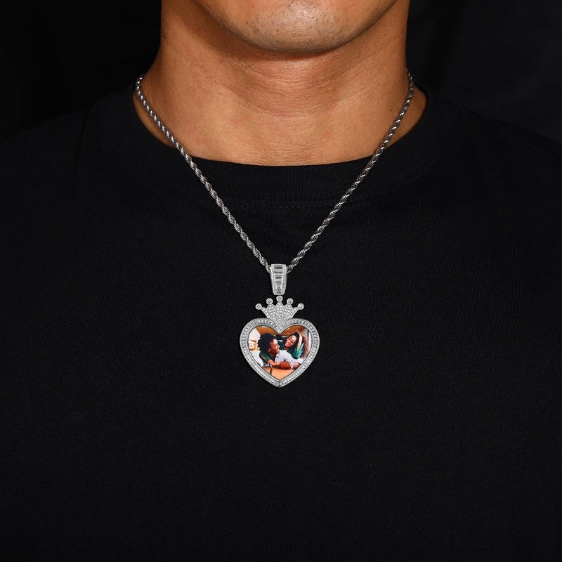 3D Solid Crown Heart Custom Photo Pendant - 36mm