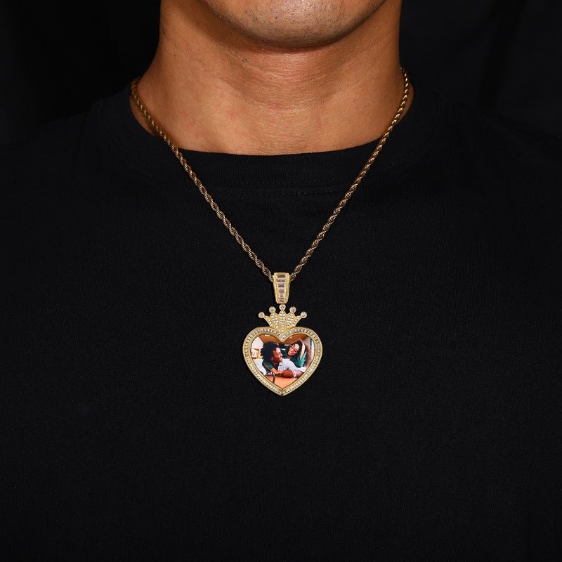 3D Solid Crown Heart Custom Photo Pendant - 36mm