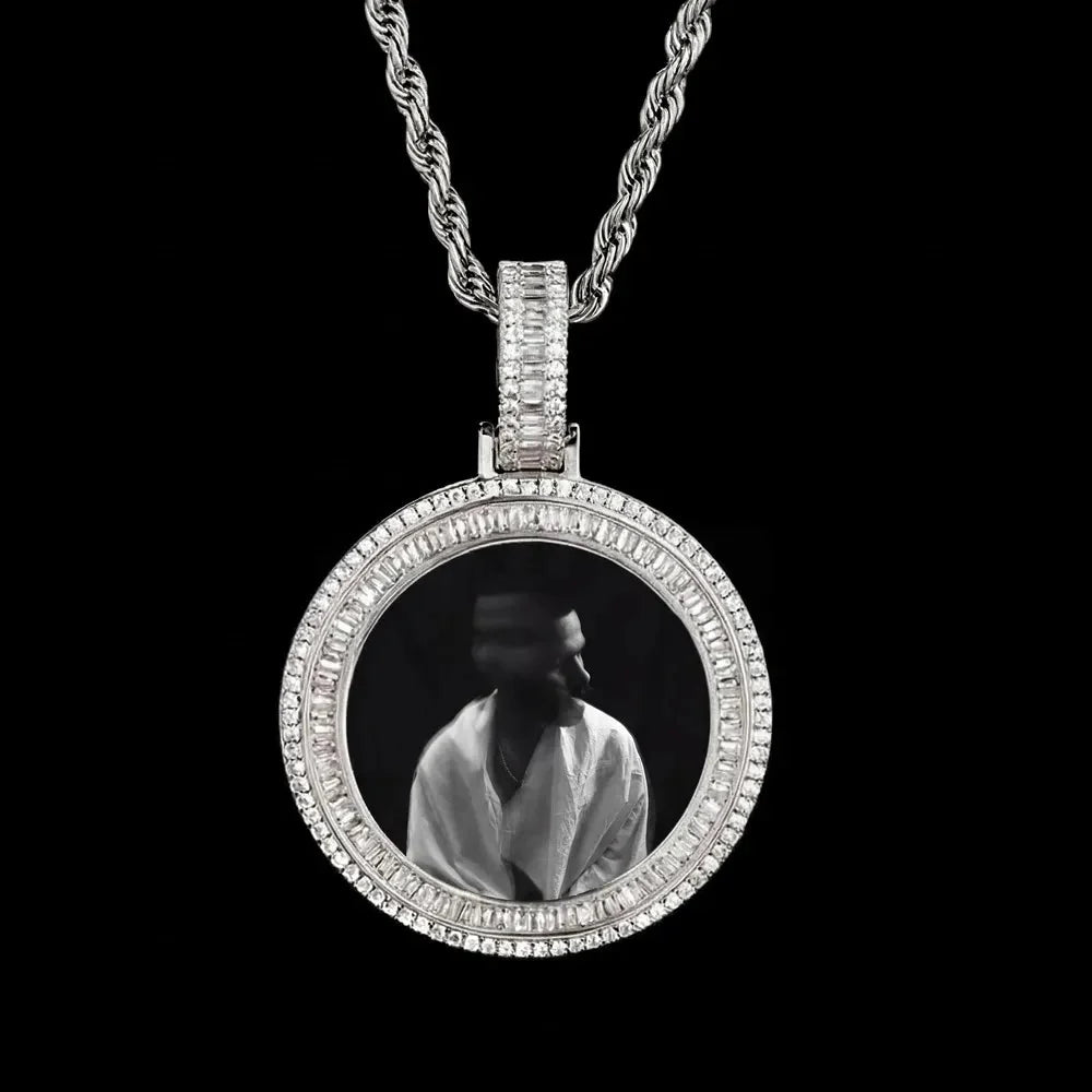 3D Solid Double-Row Micro-Inlaid Custom Photo Round Pendant - 35mm