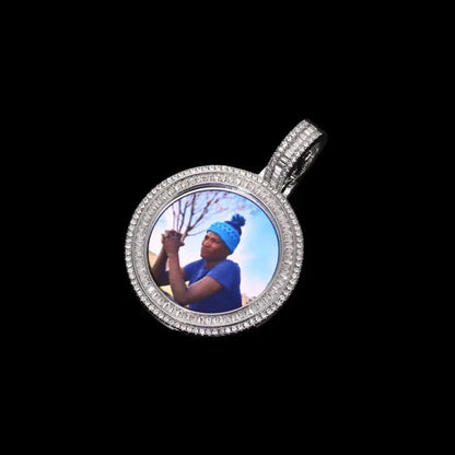 3D Solid Double-Row Micro-Inlaid Custom Photo Round Pendant - 35mm