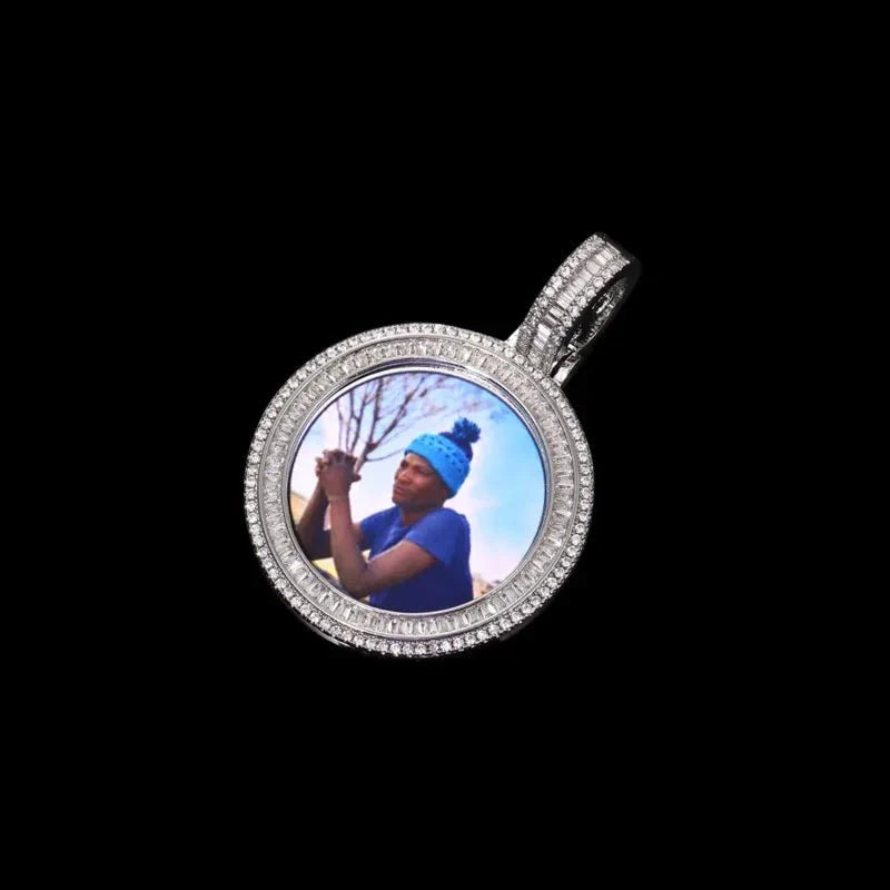 3D Solid Double-Row Micro-Inlaid Custom Photo Round Pendant - 35mm