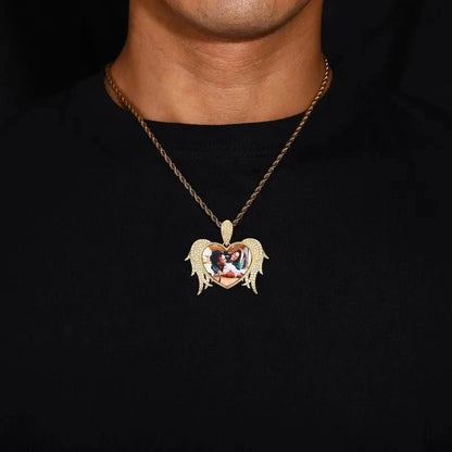 3D Solid Heart and Thorn Wings Custom Photo Round Pendant - 45mm