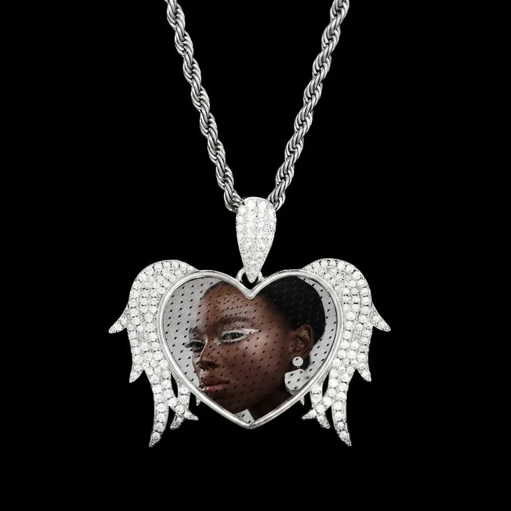 3D Solid Heart and Thorn Wings Custom Photo Round Pendant - 45mm