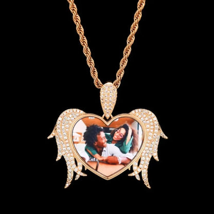3D Solid Heart and Thorn Wings Custom Photo Round Pendant - 45mm