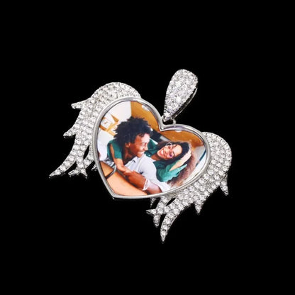 3D Solid Heart and Thorn Wings Custom Photo Round Pendant - 45mm