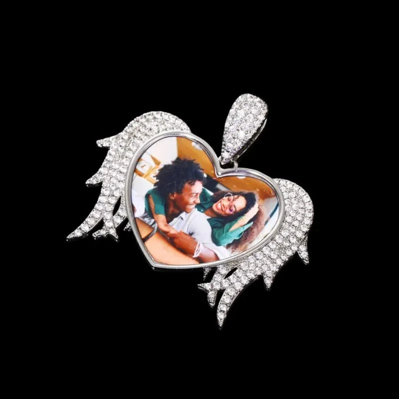 3D Solid Heart and Thorn Wings Custom Photo Round Pendant - 45mm