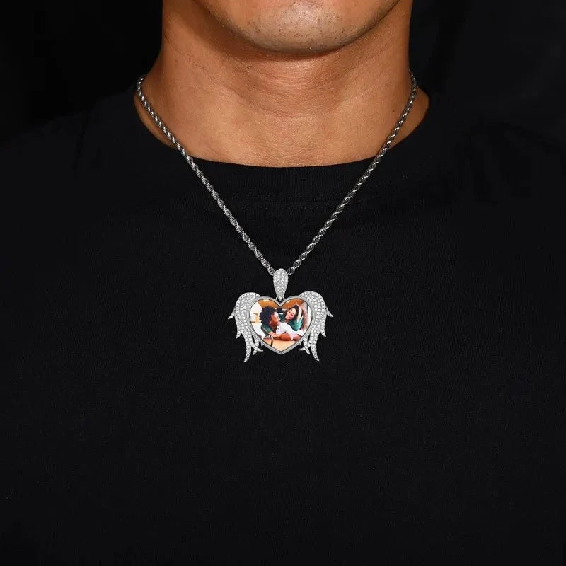 3D Solid Heart and Thorn Wings Custom Photo Round Pendant - 45mm