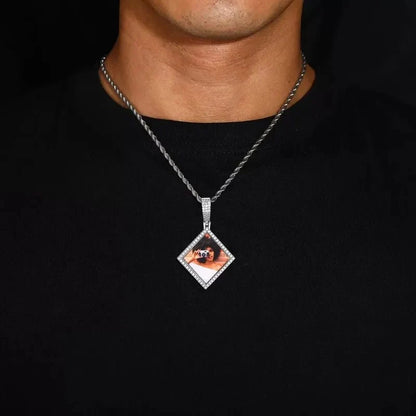 3D Solid Rhombus Custom Photo Pendant in Yellow Gold - 38mm