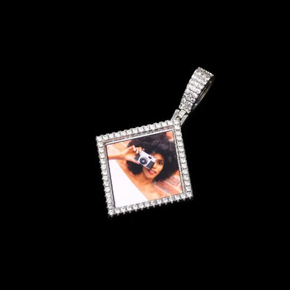 3D Solid Rhombus Custom Photo Pendant in Yellow Gold - 38mm