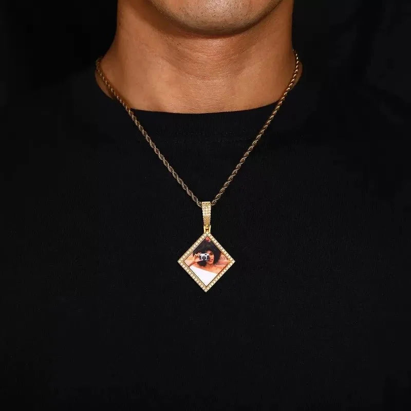 3D Solid Rhombus Custom Photo Pendant in Yellow Gold - 38mm