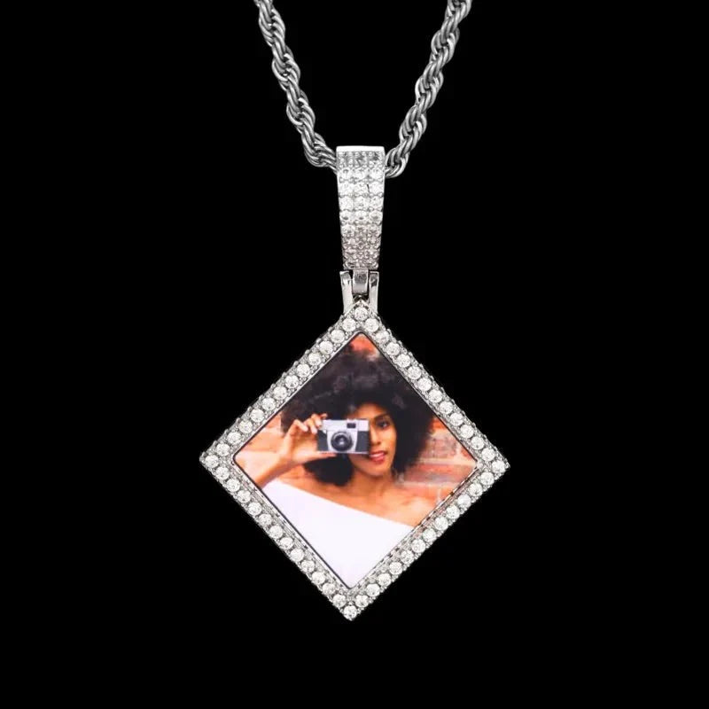 3D Solid Rhombus Custom Photo Pendant in Yellow Gold - 38mm