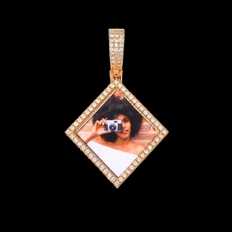 3D Solid Rhombus Custom Photo Pendant in Yellow Gold - 38mm
