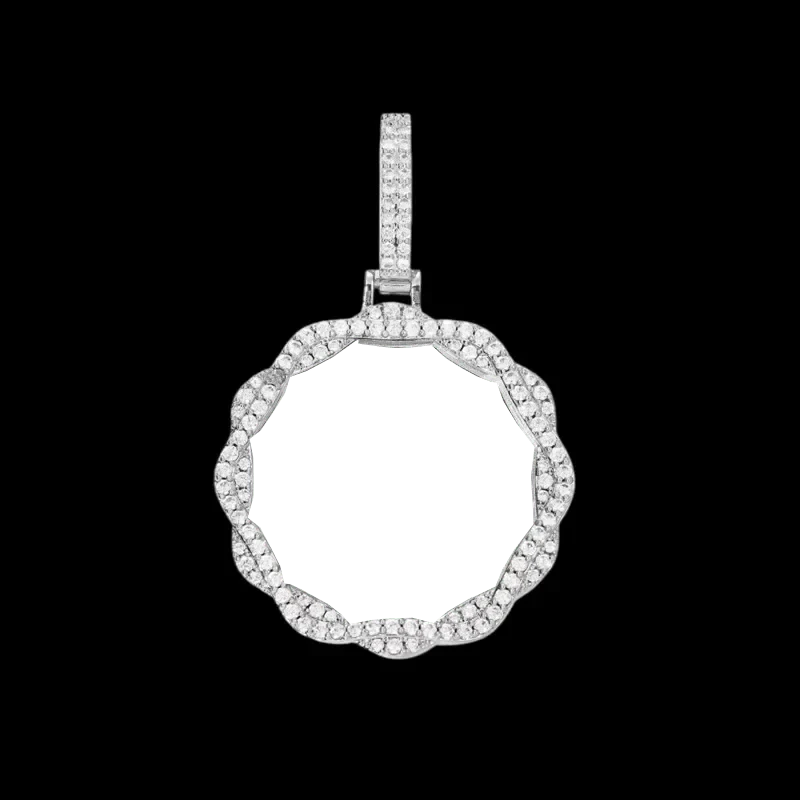 3D Vine Round Solid Custom Photo Pendant in White Gold - 38mm