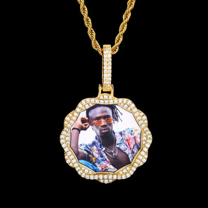 3D Vine Round Solid Custom Photo Pendant in White Gold - 38mm