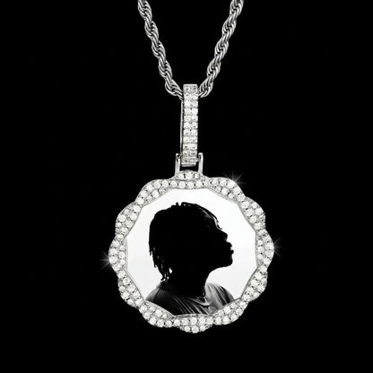 3D Vine Round Solid Custom Photo Pendant in White Gold - 38mm
