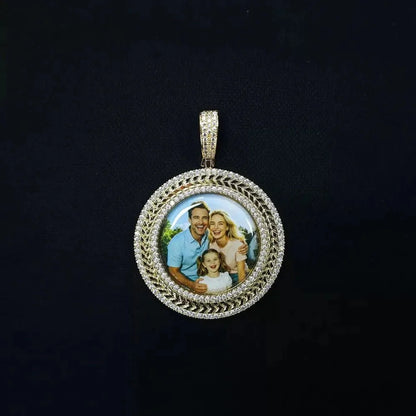 3D Wheat-Ear Double-Row Diamond Round Iced-Out Photo Pendant - 45mm