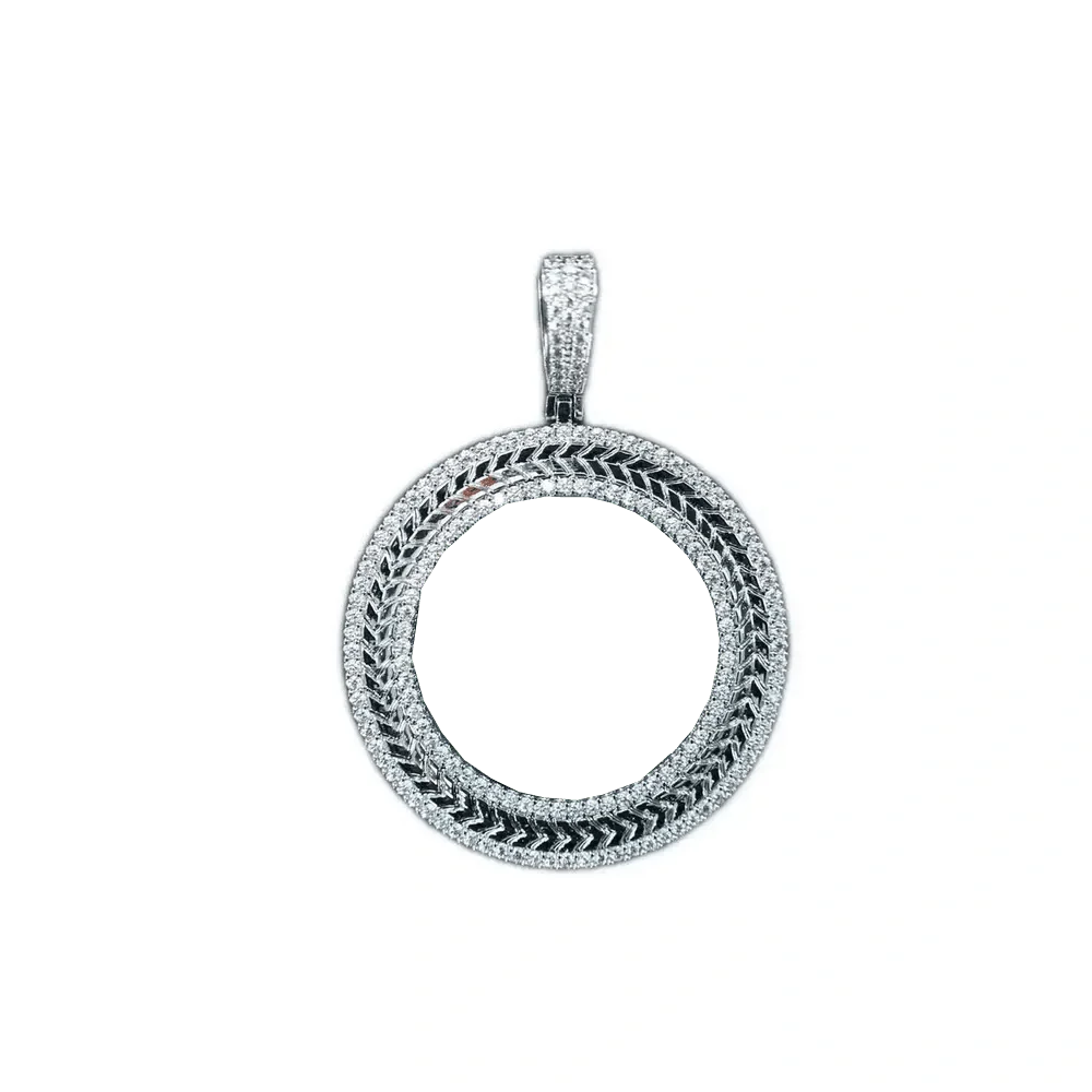 3D Wheat-Ear Double-Row Diamond Round Iced-Out Photo Pendant - 45mm