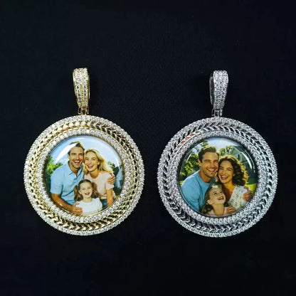 3D Wheat-Ear Double-Row Diamond Round Iced-Out Photo Pendant - 45mm