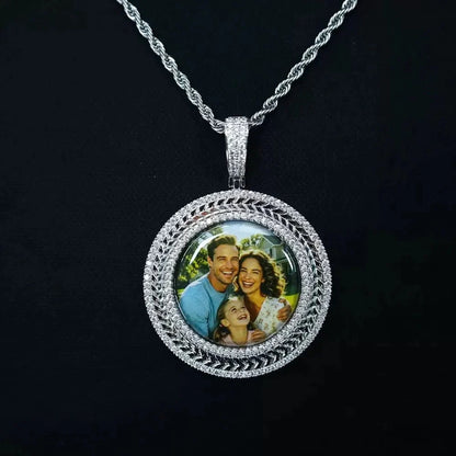 3D Wheat-Ear Double-Row Diamond Round Iced-Out Photo Pendant - 45mm