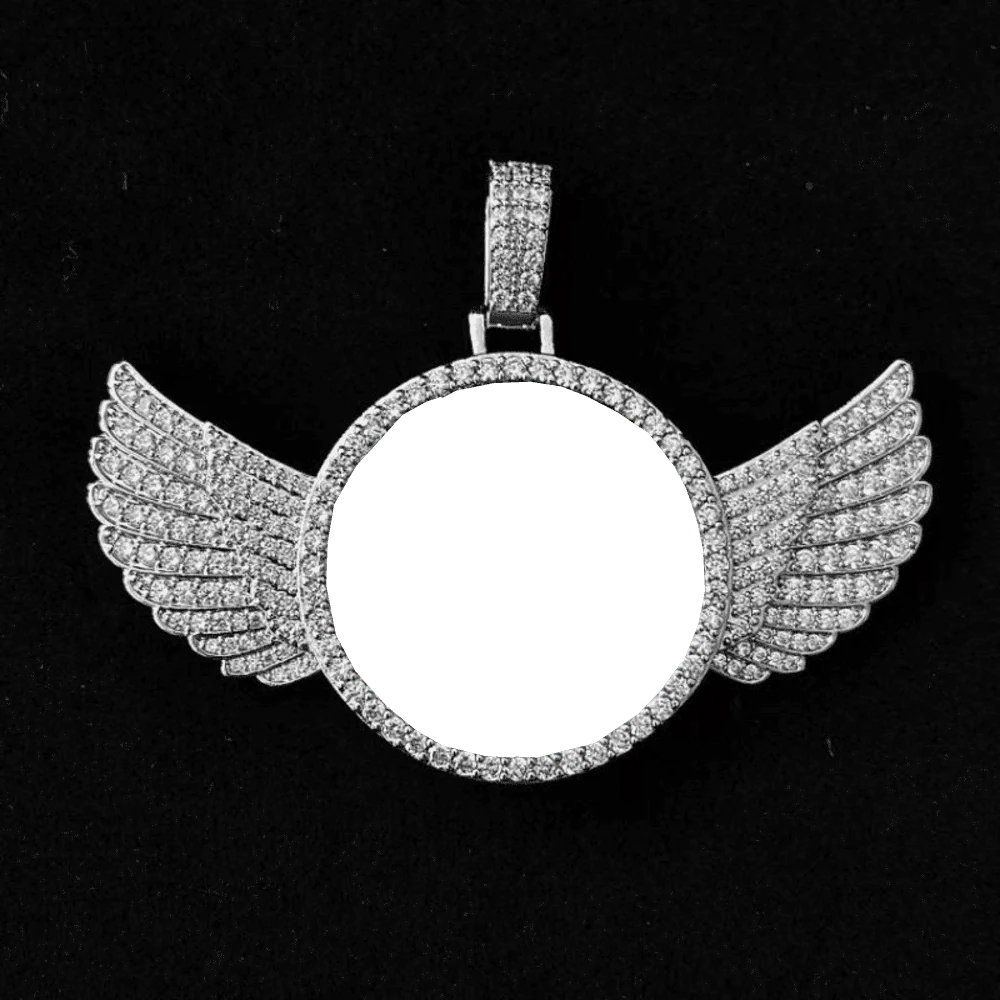 3D Winged Round Photo Diamond Iced-Out Pendant