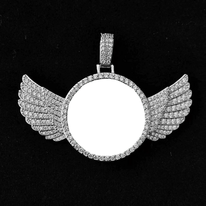 3D Winged Round Photo Diamond Iced-Out Pendant