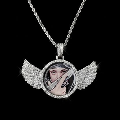 3D Winged Round Photo Diamond Iced-Out Pendant