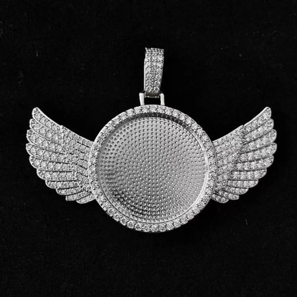 3D Winged Round Photo Diamond Iced-Out Pendant