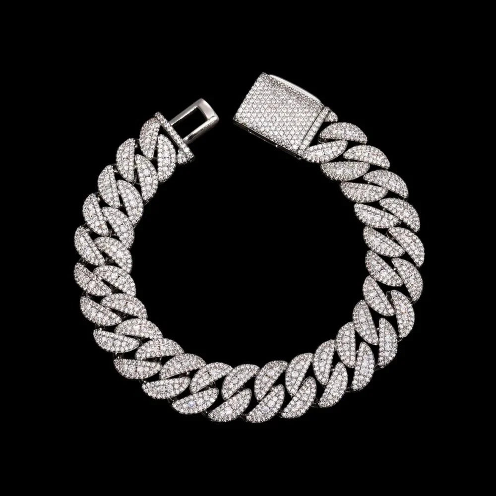 5A Prong Iced Cuban Link Bracelet in White Gold - 14mm