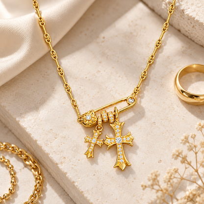 AURXYA Double Cross Safety Pin Necklace – Gold