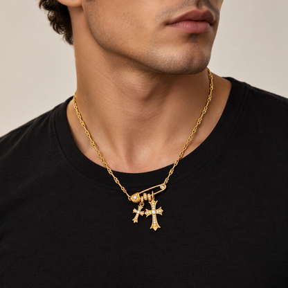 AURXYA Double Cross Safety Pin Necklace – Gold
