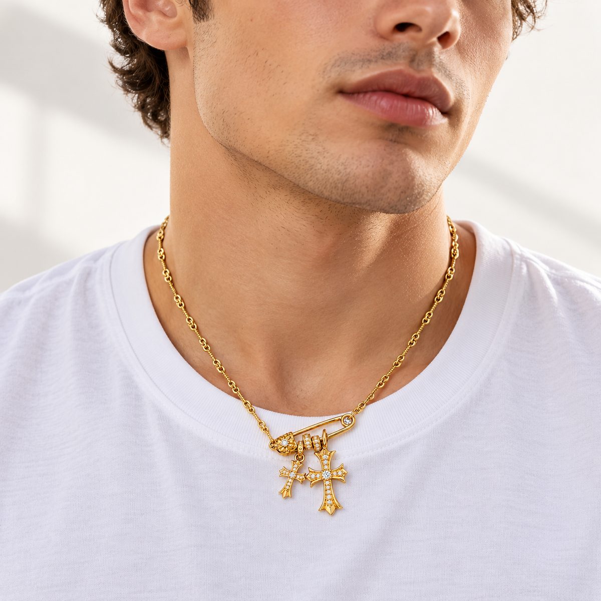 AURXYA Double Cross Safety Pin Necklace – Gold