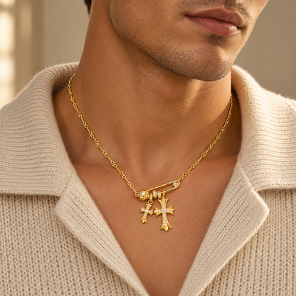 AURXYA Double Cross Safety Pin Necklace – Gold