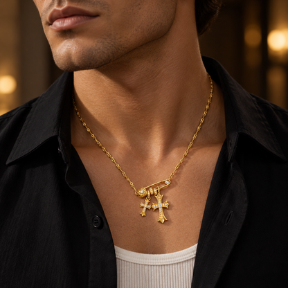 AURXYA Double Cross Safety Pin Necklace – Gold