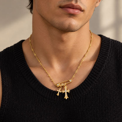 AURXYA Double Cross Safety Pin Necklace – Gold