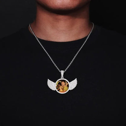 18k Gold Custom Photo Round Wing Pendant - 67mm
