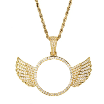 18k Gold Custom Photo Round Wing Pendant - 67mm