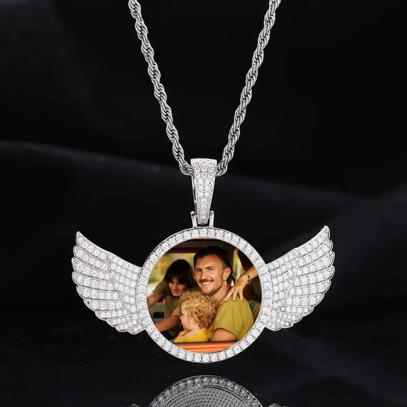 18k Gold Custom Photo Round Wing Pendant - 67mm