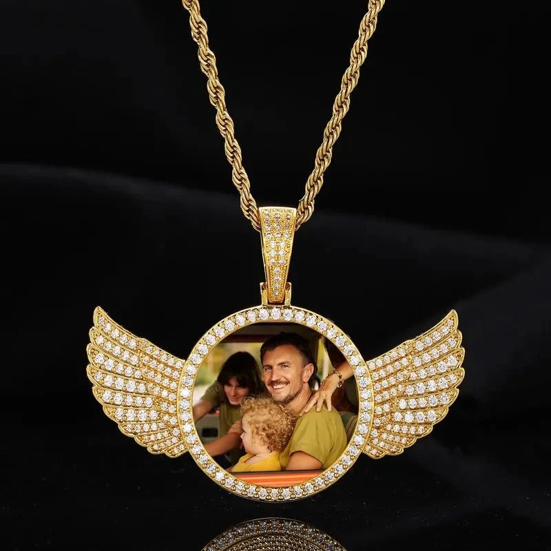 18k Gold Custom Photo Round Wing Pendant - 67mm