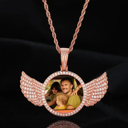 18k Gold Custom Photo Round Wing Pendant - 67mm