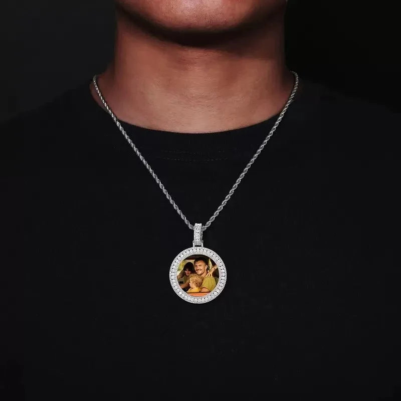 18k Gold Double Row Micro-Inlaid 3D Custom Photo Round Pendant - 40mm