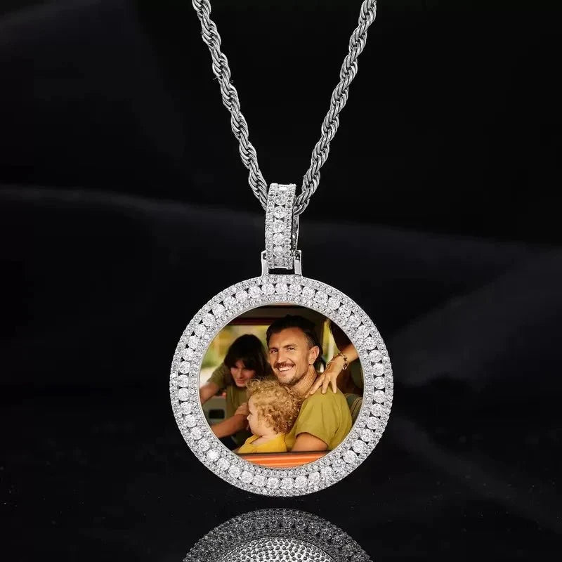 18k Gold Double Row Micro-Inlaid 3D Custom Photo Round Pendant - 40mm