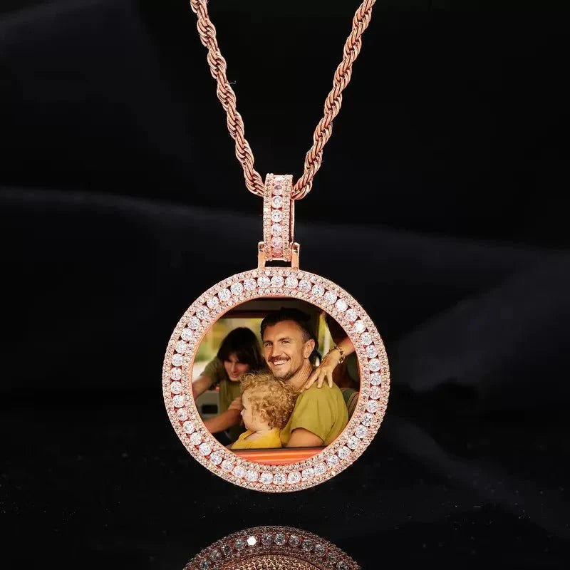 18k Gold Double Row Micro-Inlaid 3D Custom Photo Round Pendant - 40mm