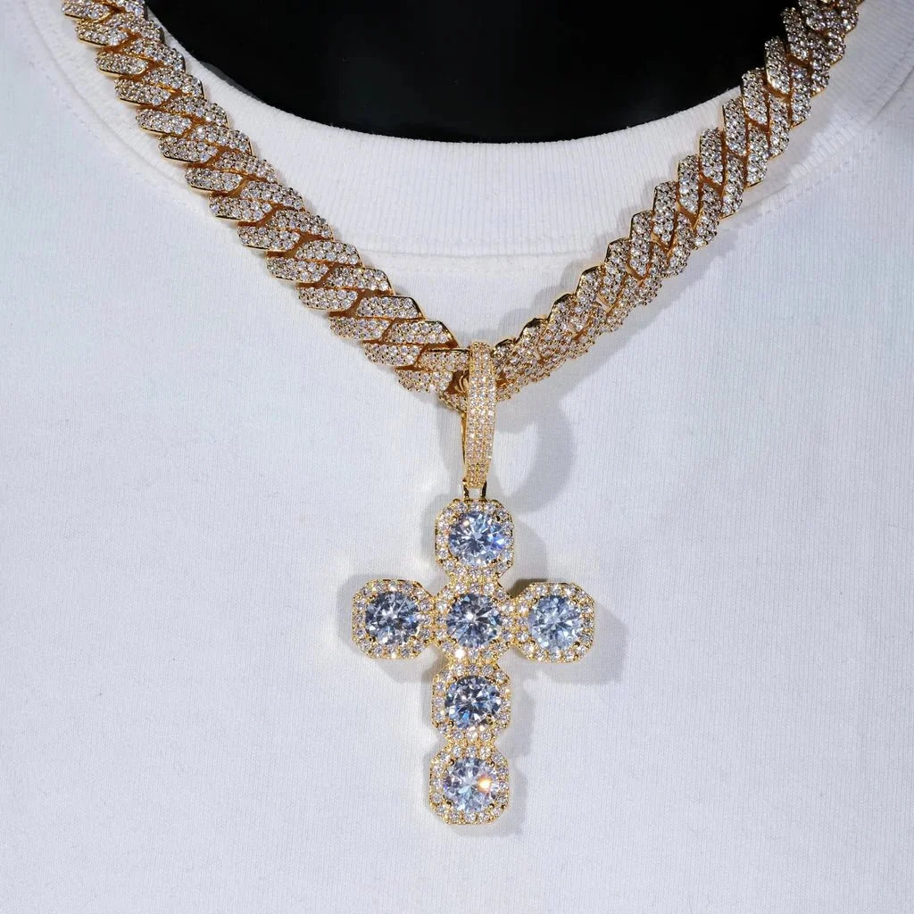 Iced Large Gemstone Cross Necklace in White Gold