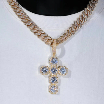 Iced Large Gemstone Cross Necklace in White Gold