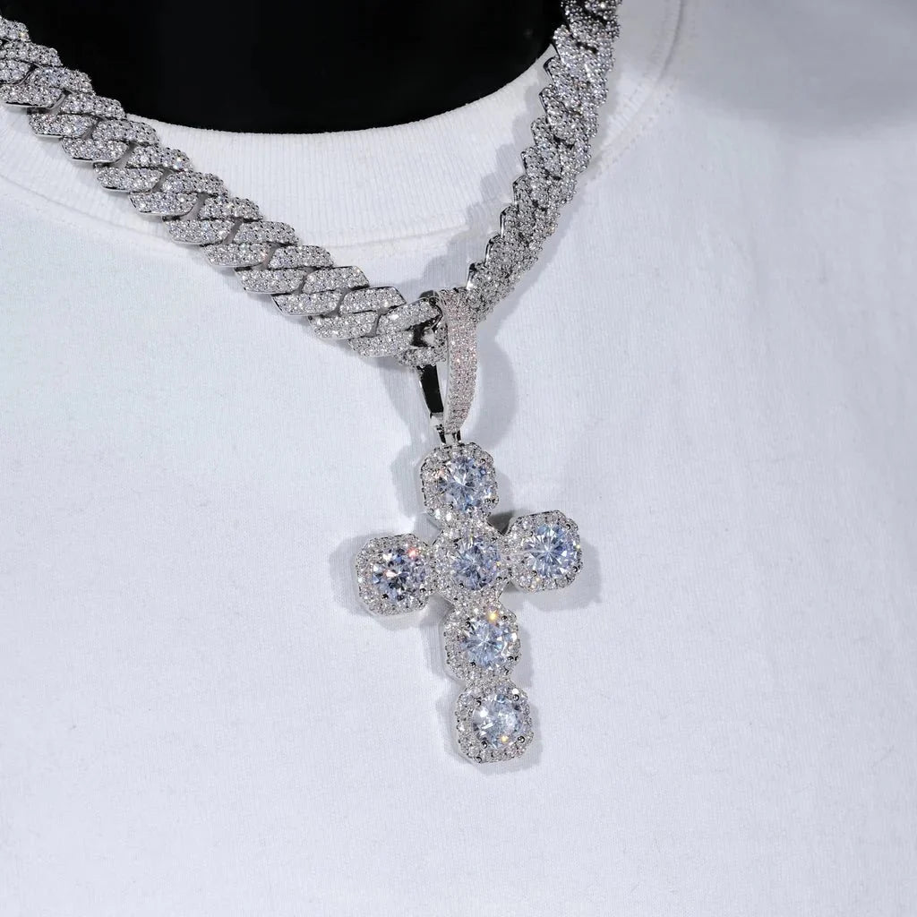 Iced Large Gemstone Cross Necklace in White Gold